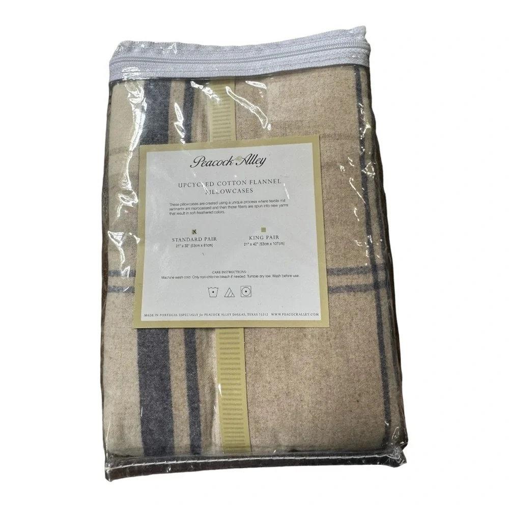 Peacock‎ Alley Upcycled Cotton Flannel Pillowcases - STD PC Taup HE - NWT